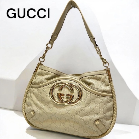 Gucci Handbags - Gucci Gold-Tone Beige Shoulder Bag